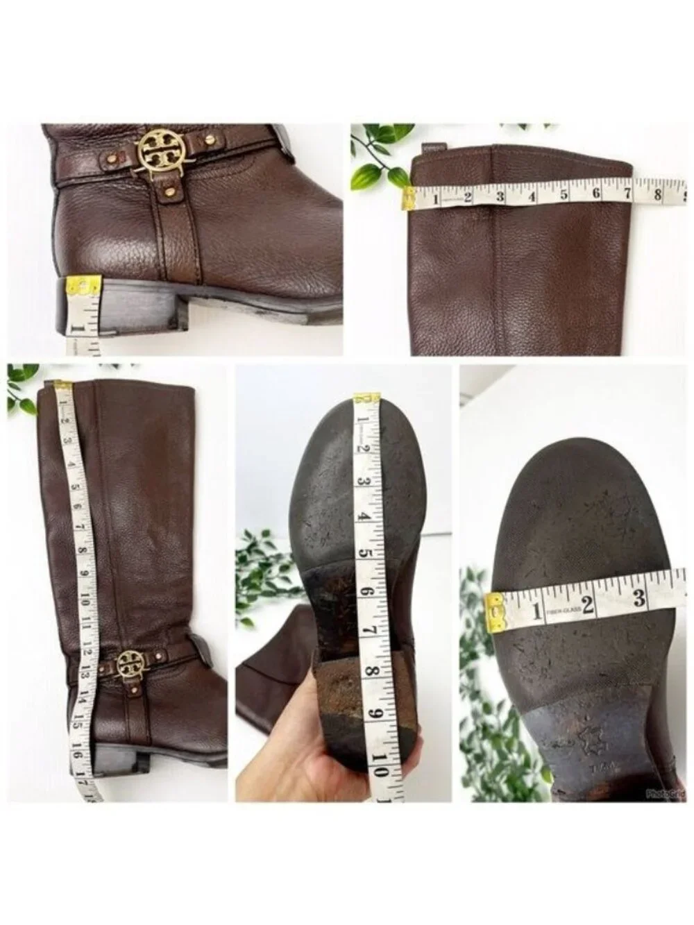TORY BURCH Brown Leather Riding Boots with golden hardware logo strap 7.5